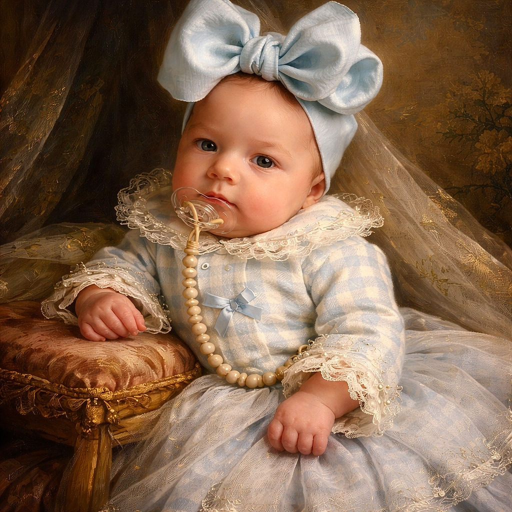 A tiny, serious-faced baby bundled in blue checkers and an oversized bow glares into the camera while clutching a pacifier on a beaded leash like a very small, very fashionable negotiator of naps.