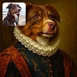 A fluffy brown and white dog with a hint of its tongue out is sitting on a sandy beach near the water, looking thoughtfully into the distance with the ocean waves gently rolling behind.