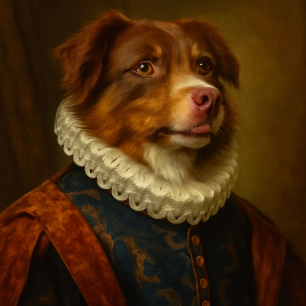 A fluffy brown and white dog with a hint of its tongue out is sitting on a sandy beach near the water, looking thoughtfully into the distance with the ocean waves gently rolling behind.