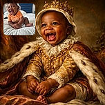 A joyful baby wearing an orange shirt and a white hat is sitting on a cozy white bed, laughing with wide-open eyes and a big smile that could brighten anyone's day. The background is softly blurred, putting all the focus on this adorable little bundle of happiness.