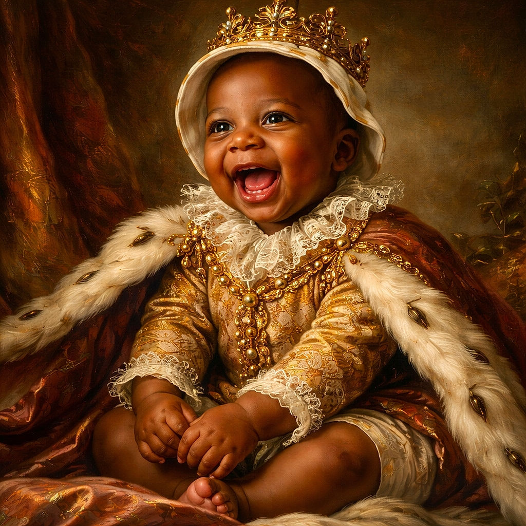 A joyful baby wearing an orange shirt and a white hat is sitting on a cozy white bed, laughing with wide-open eyes and a big smile that could brighten anyone's day. The background is softly blurred, putting all the focus on this adorable little bundle of happiness.