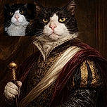 A close-up shot of a black and white cat with striking yellow eyes staring directly into the camera, its whiskers prominently displayed and a slightly serious expression, set against a dimly lit indoor background.