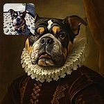 A happy bulldog puppy sits on a pebble-studded concrete surface, looking up with a wide open mouth and bright eyes, radiating pure joy and curiosity on a sunny day with outdoor furniture in the background.