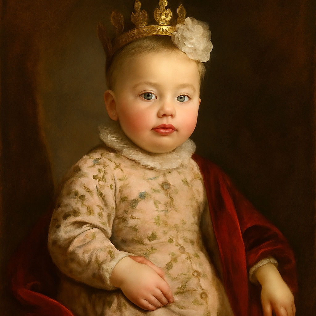 A chubby-cheeked baby with sparkling blue eyes is cozily strapped in a car seat, wearing a floral-patterned pink snowsuit and a delicate white flower headband. The baby looks curiously to the side, as if pondering the mysteries of the world while clutching the blue safety harness.