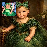 A chubby-cheeked baby in a sparkly green tutu and oversized shamrock bow stares up with a tiny determined face, arms reaching out while lying on a colorful cartoon blanket — looks ready to charm the world (or at least demand a snack).