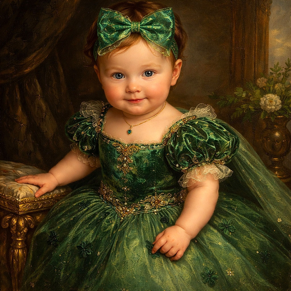 A chubby-cheeked baby in a sparkly green tutu and oversized shamrock bow stares up with a tiny determined face, arms reaching out while lying on a colorful cartoon blanket — looks ready to charm the world (or at least demand a snack).