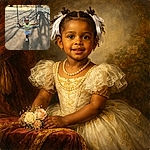 A tiny playground CEO confidently commandeering a swing like it's a boardroom chair — white hair bows, a beaming grin, and dramatic tree-shadow stage lighting. Pure joy and snack-time determination wrapped in sunshine.