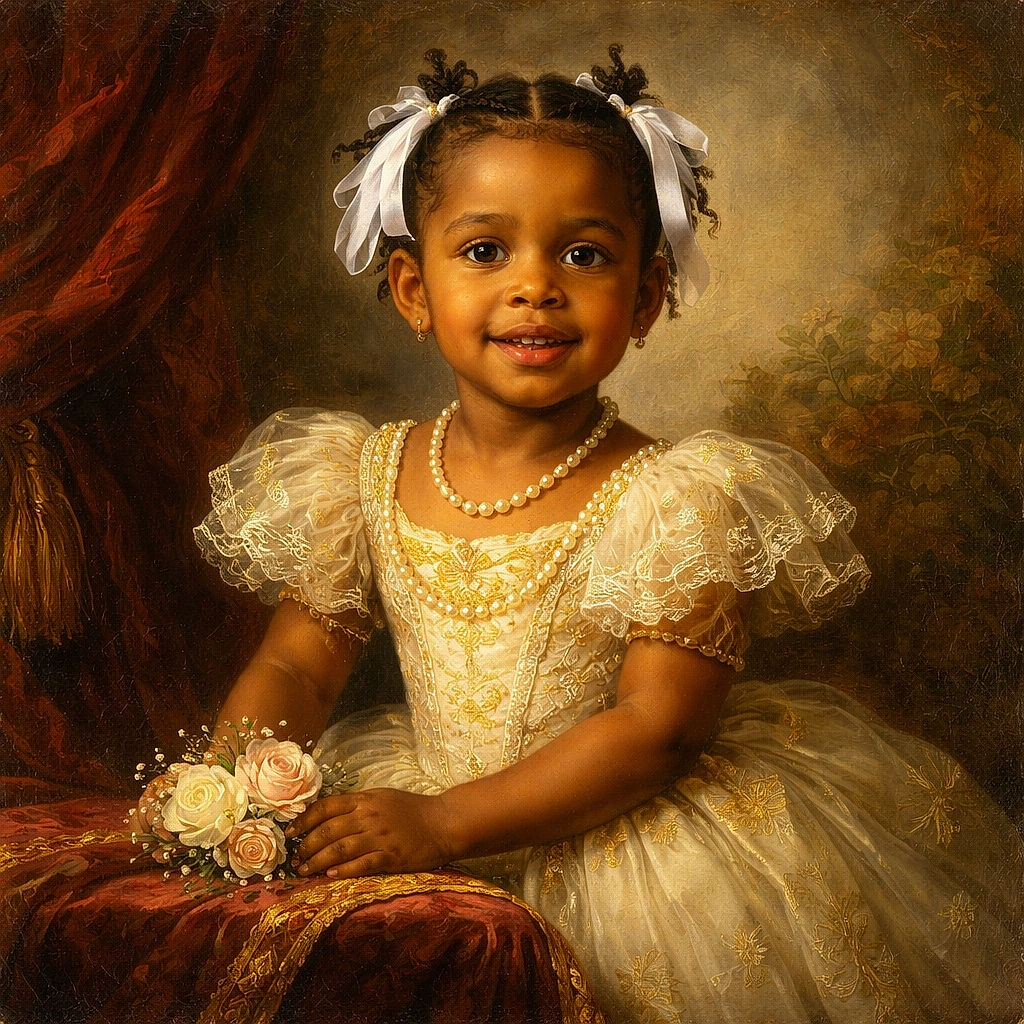 A tiny playground CEO confidently commandeering a swing like it's a boardroom chair — white hair bows, a beaming grin, and dramatic tree-shadow stage lighting. Pure joy and snack-time determination wrapped in sunshine.