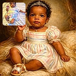 A cute baby dressed in a colorful striped dress lies on a matching striped blanket, looking curiously at the camera with one hand raised as if waving hello.