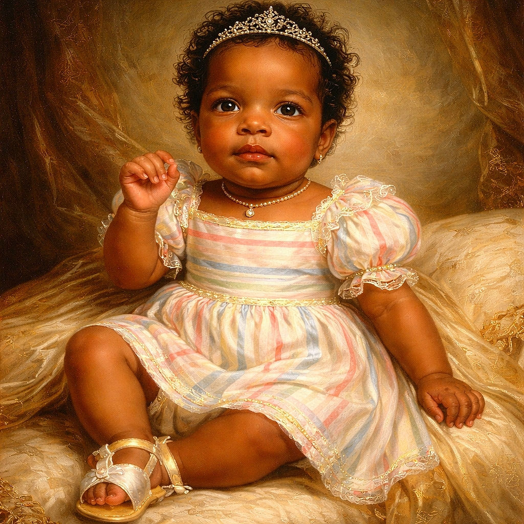 A cute baby dressed in a colorful striped dress lies on a matching striped blanket, looking curiously at the camera with one hand raised as if waving hello.