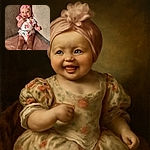 A joyful baby dressed in a floral romper and pink socks lounges on a soft pink blanket between beige cushions, flashing a big smile and wearing a cute pink headband with a flower, radiating pure adorable vibes.