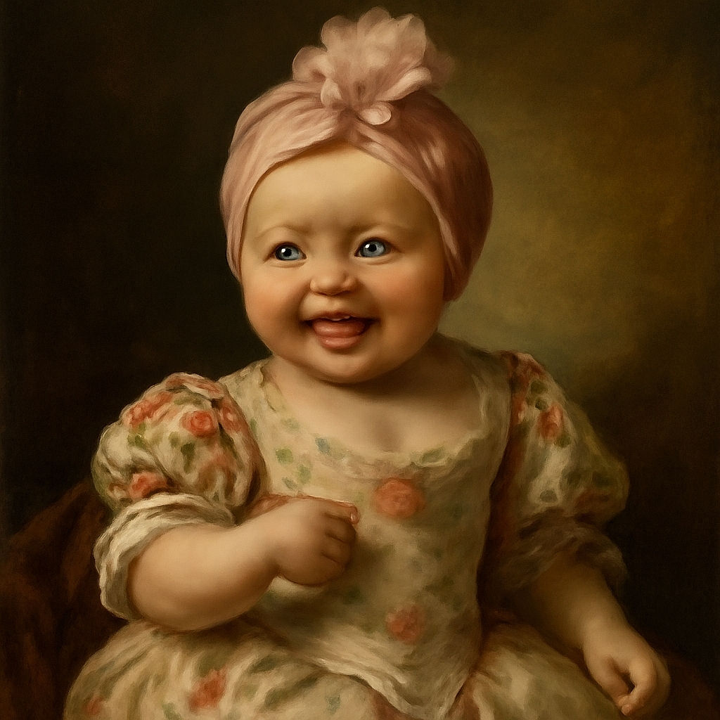 A joyful baby dressed in a floral romper and pink socks lounges on a soft pink blanket between beige cushions, flashing a big smile and wearing a cute pink headband with a flower, radiating pure adorable vibes.