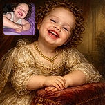 A curly-haired toddler is laughing joyfully with eyes closed, arms folded on a purple blanket, radiating pure happiness and innocence.