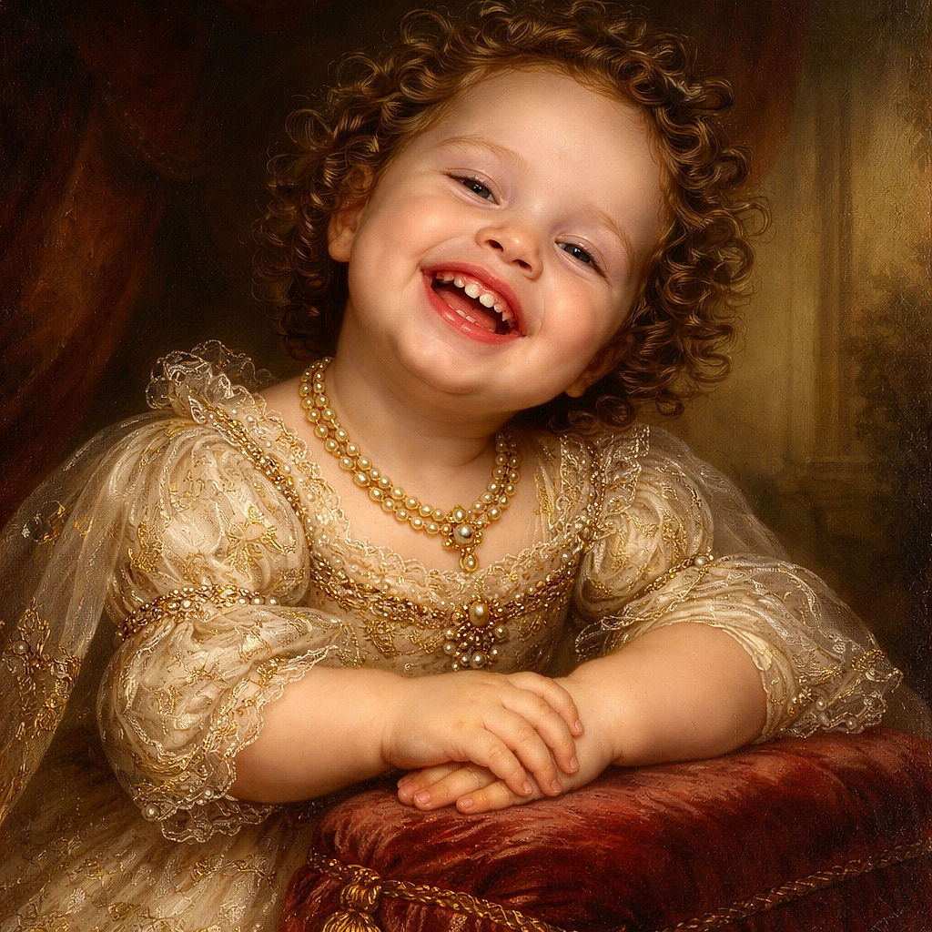 A curly-haired toddler is laughing joyfully with eyes closed, arms folded on a purple blanket, radiating pure happiness and innocence.