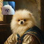 A tiny fluffy white dog is being held up like a cloud with a serious face, as if it has just been promoted to CEO of cuddles. Bright window light and blue curtains frame the adorable little fluffball.