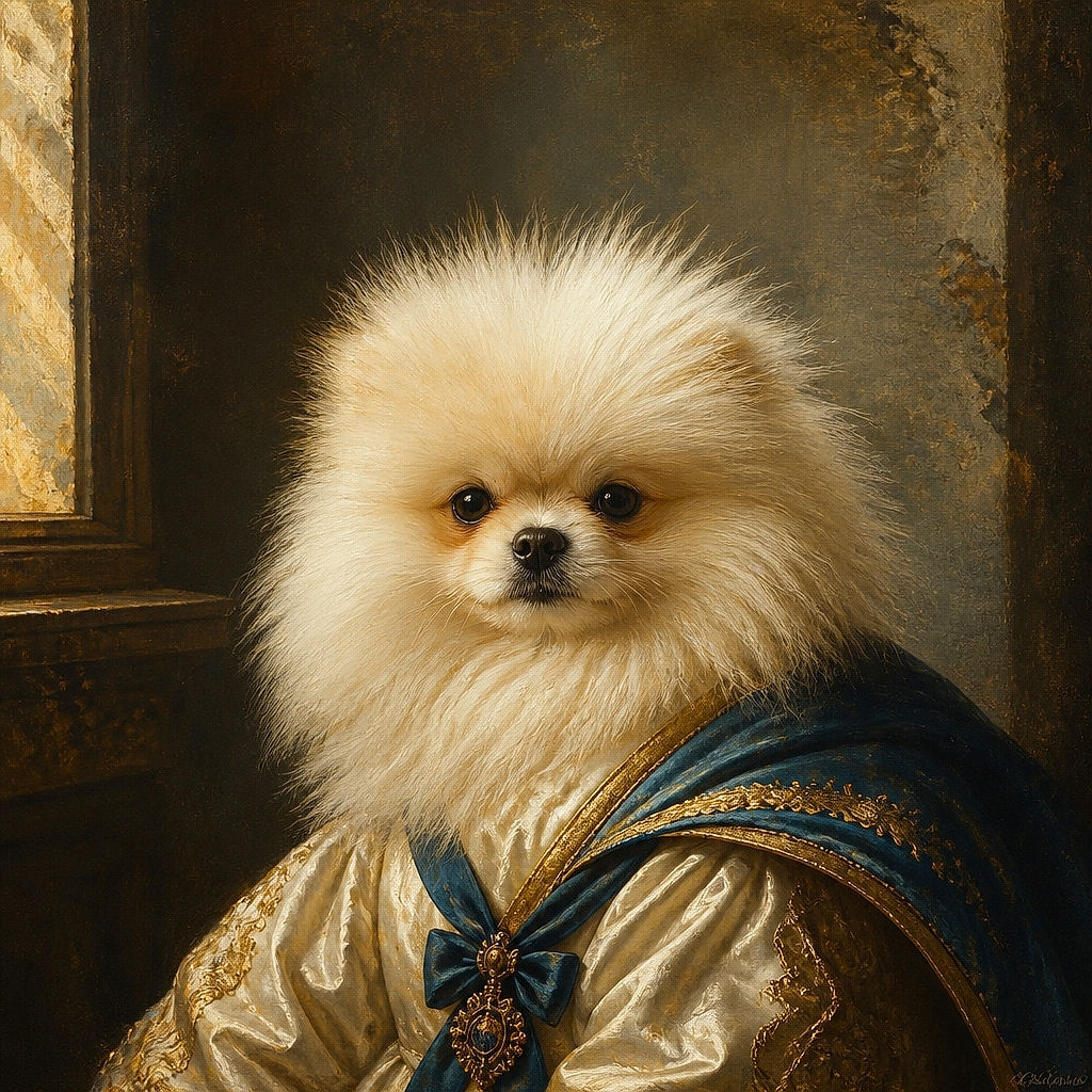A tiny fluffy white dog is being held up like a cloud with a serious face, as if it has just been promoted to CEO of cuddles. Bright window light and blue curtains frame the adorable little fluffball.
