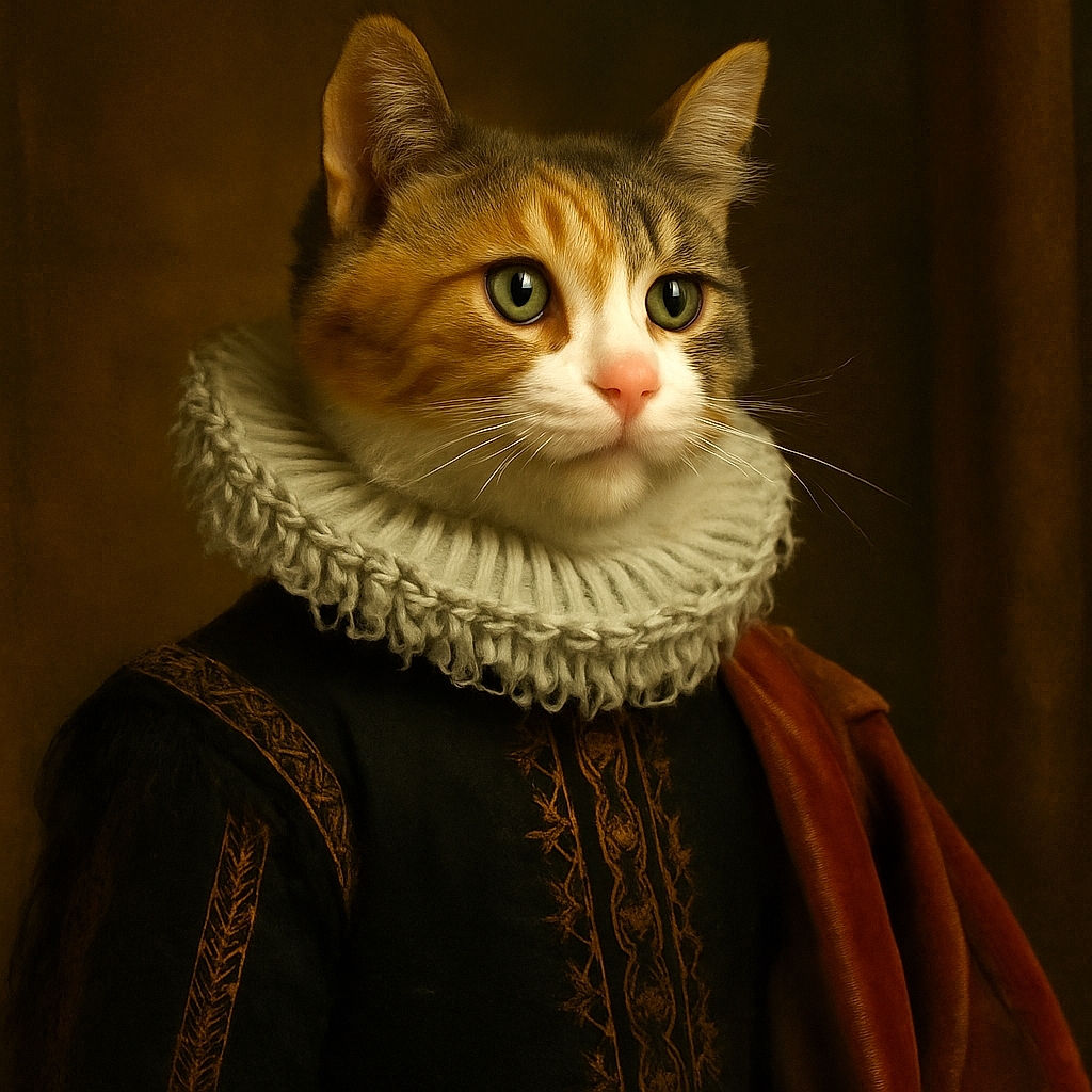 A charming calico kitten stands proudly on a rock, gazing thoughtfully into the distance under a bright blue sky dotted with soft clouds. The lush green trees in the background add a peaceful outdoor vibe, making this a serene and heartwarming portrait of feline curiosity.