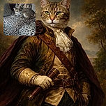 A relaxed tabby cat lounges on a leopard-print blanket, blending into the wild pattern while eyeing the camera with a calm, curious gaze. The background features cushions with elephant prints, adding an exotic safari vibe to this cozy indoor scene.