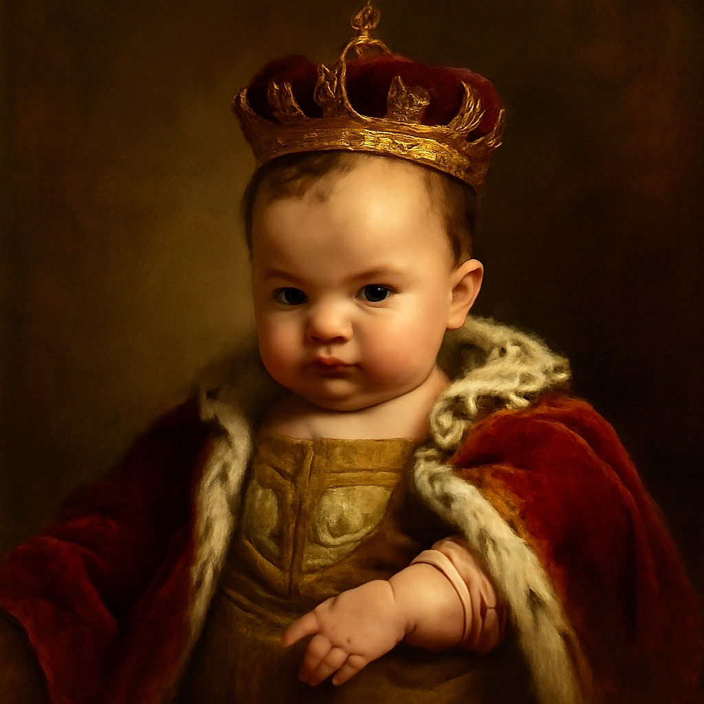 A close-up photo of a chubby baby with wet hair looking down thoughtfully, with soft lighting and a plain background that keeps the focus on the adorable face and tiny fingers.