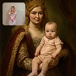 A smiling woman with curly blonde hair is holding a serious-looking baby dressed in pink, standing against a plain beige wall with wooden flooring and a visible power outlet.