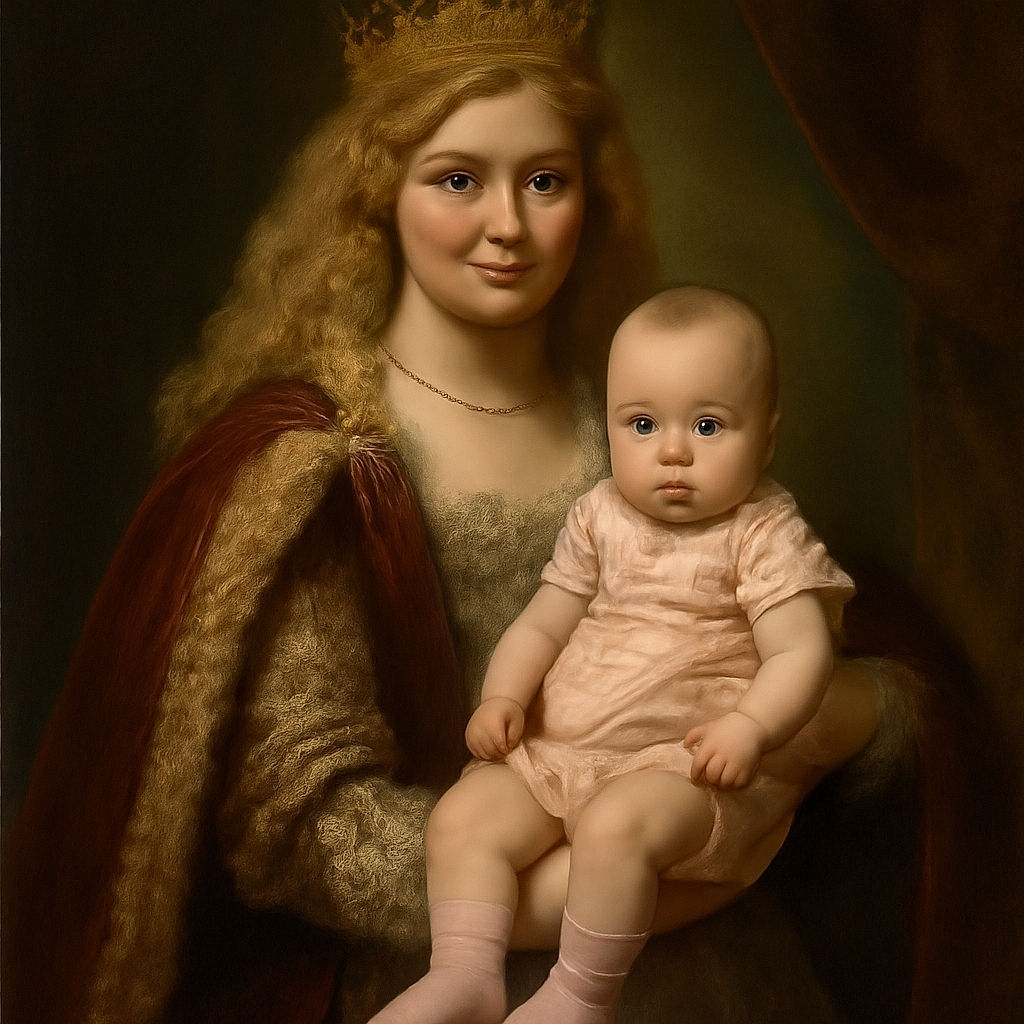 A smiling woman with curly blonde hair is holding a serious-looking baby dressed in pink, standing against a plain beige wall with wooden flooring and a visible power outlet.