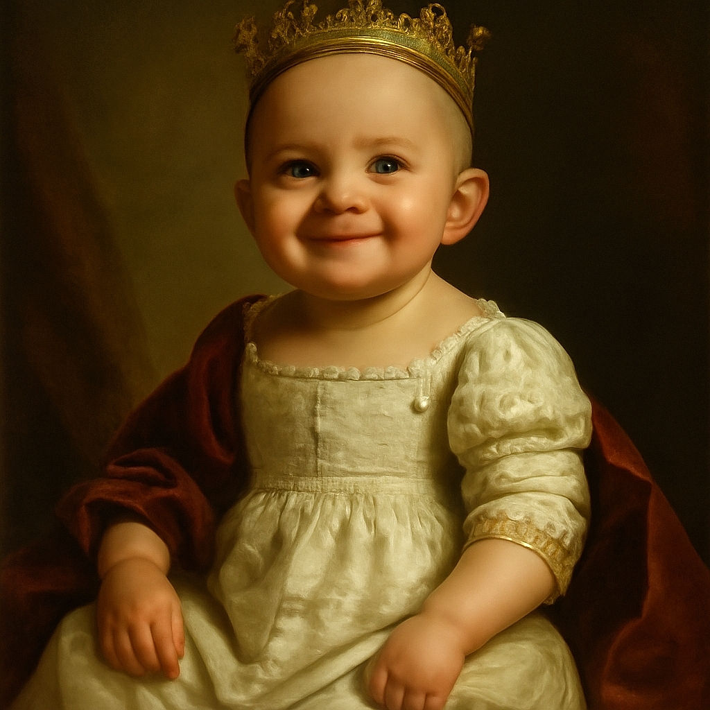 A happy baby sitting on a floral bedspread, dressed in a cute cream outfit with tiny embroidered flowers, flashing an adorable smile that could melt hearts instantly.