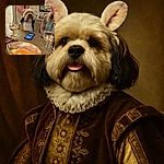 A cozy indoor scene where a fluffy dog wearing a bib and cute ear headband sits at a table with snacks, drinks, and a lit candle in the foreground, while a smiling woman with a tattoo looks on warmly, creating a charming and relaxed atmosphere.