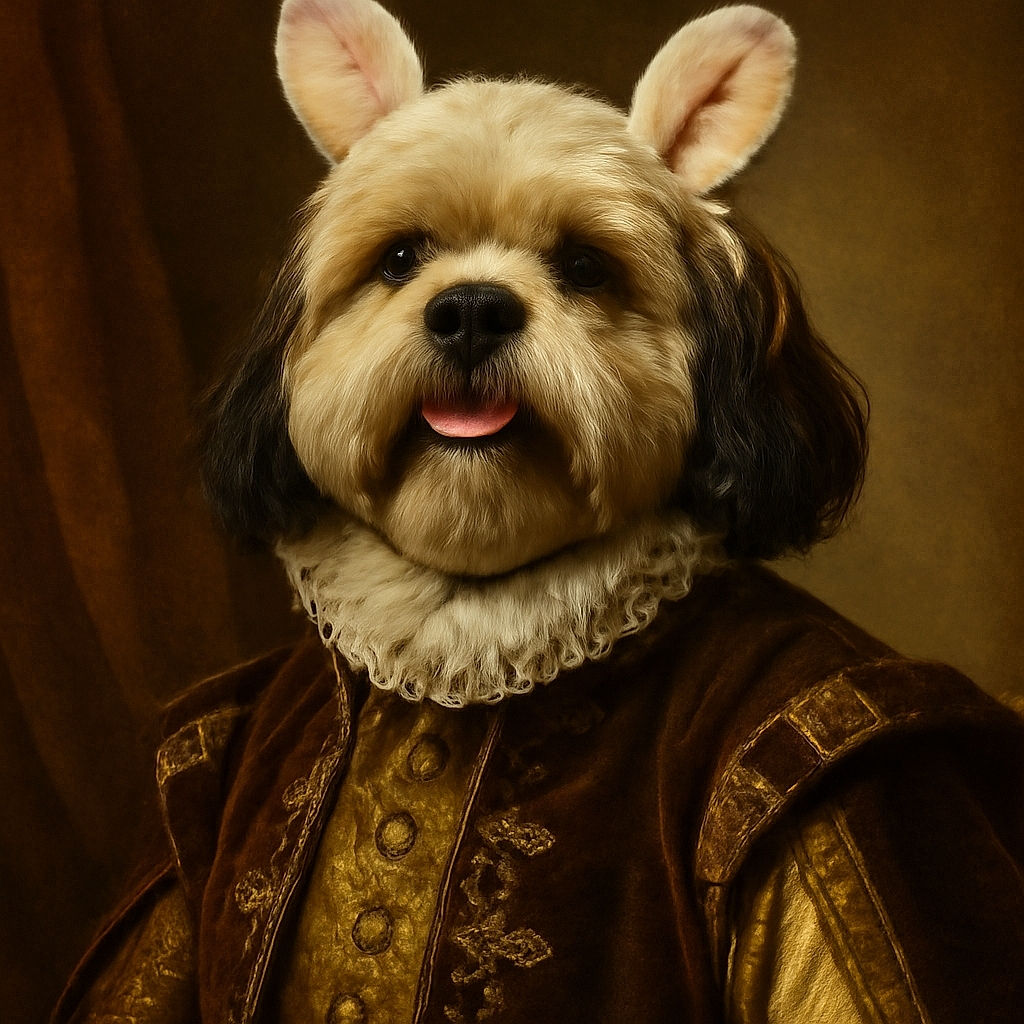 A cozy indoor scene where a fluffy dog wearing a bib and cute ear headband sits at a table with snacks, drinks, and a lit candle in the foreground, while a smiling woman with a tattoo looks on warmly, creating a charming and relaxed atmosphere.