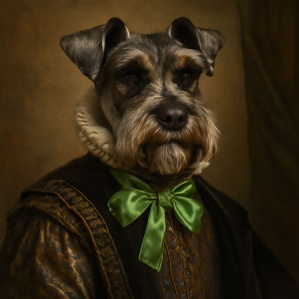 A charming dog with a stylish green bow tie sits obediently in front of a sparkling Christmas tree, looking like it's ready for holiday photoshoot fame.