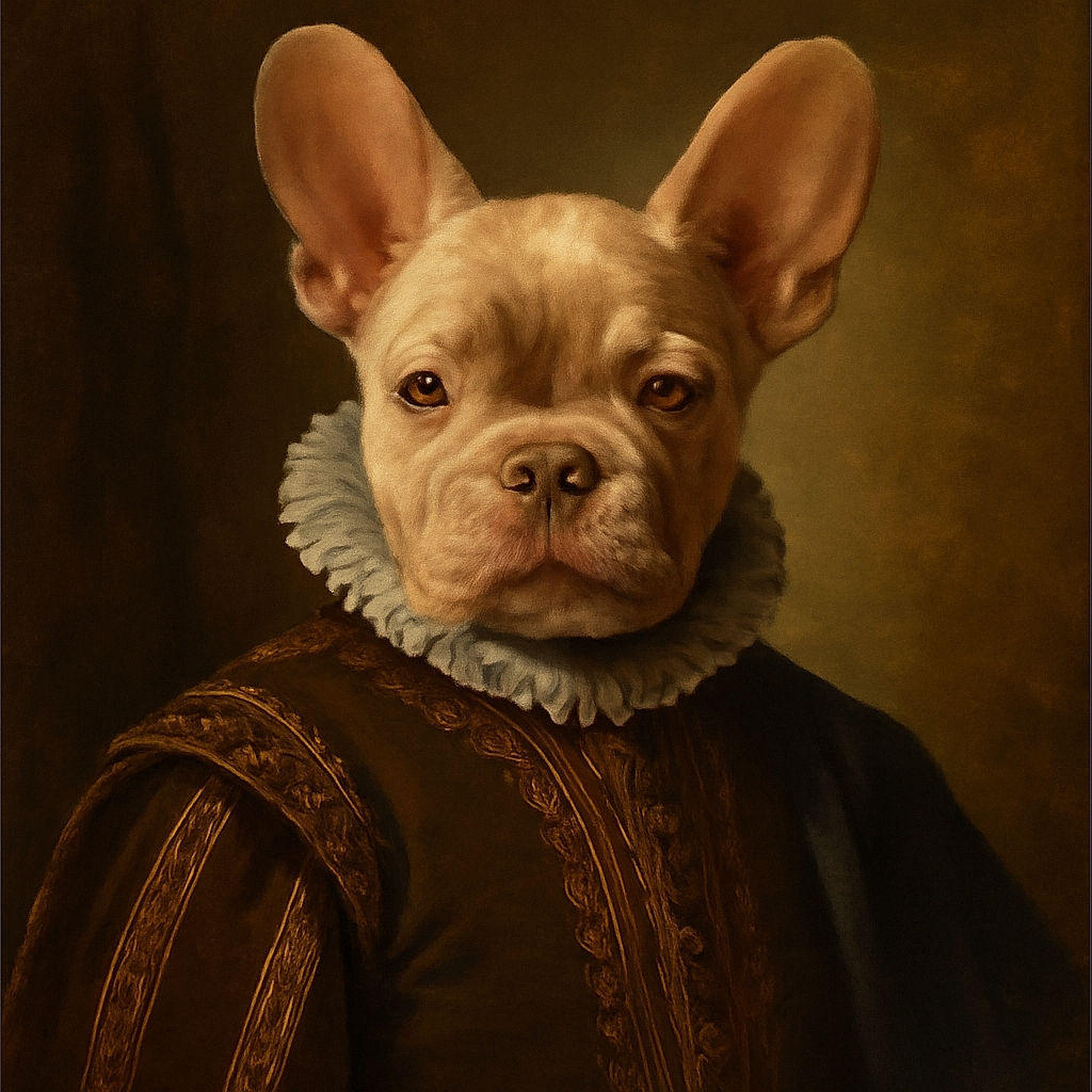 A cute light brown French Bulldog puppy is being held up by a person wearing a Teenage Mutant Ninja Turtles t-shirt. The puppy looks directly at the camera with its large ears standing tall, while the cozy living room background is softly blurred.