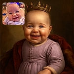 A close-up of a joyful baby with a big smile and bright eyes, wearing a lavender outfit, while two slightly blurred children play in the colorful background, creating a lively and heartwarming scene.