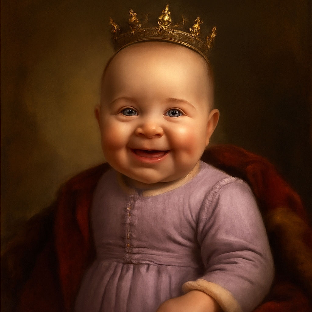 A close-up of a joyful baby with a big smile and bright eyes, wearing a lavender outfit, while two slightly blurred children play in the colorful background, creating a lively and heartwarming scene.