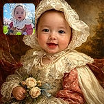 A delighted baby in a lacy sunbonnet is held up like royalty, mouth caught mid-giggle as cherry blossoms and a spotless blue sky stage the perfect springtime photoshoot.
