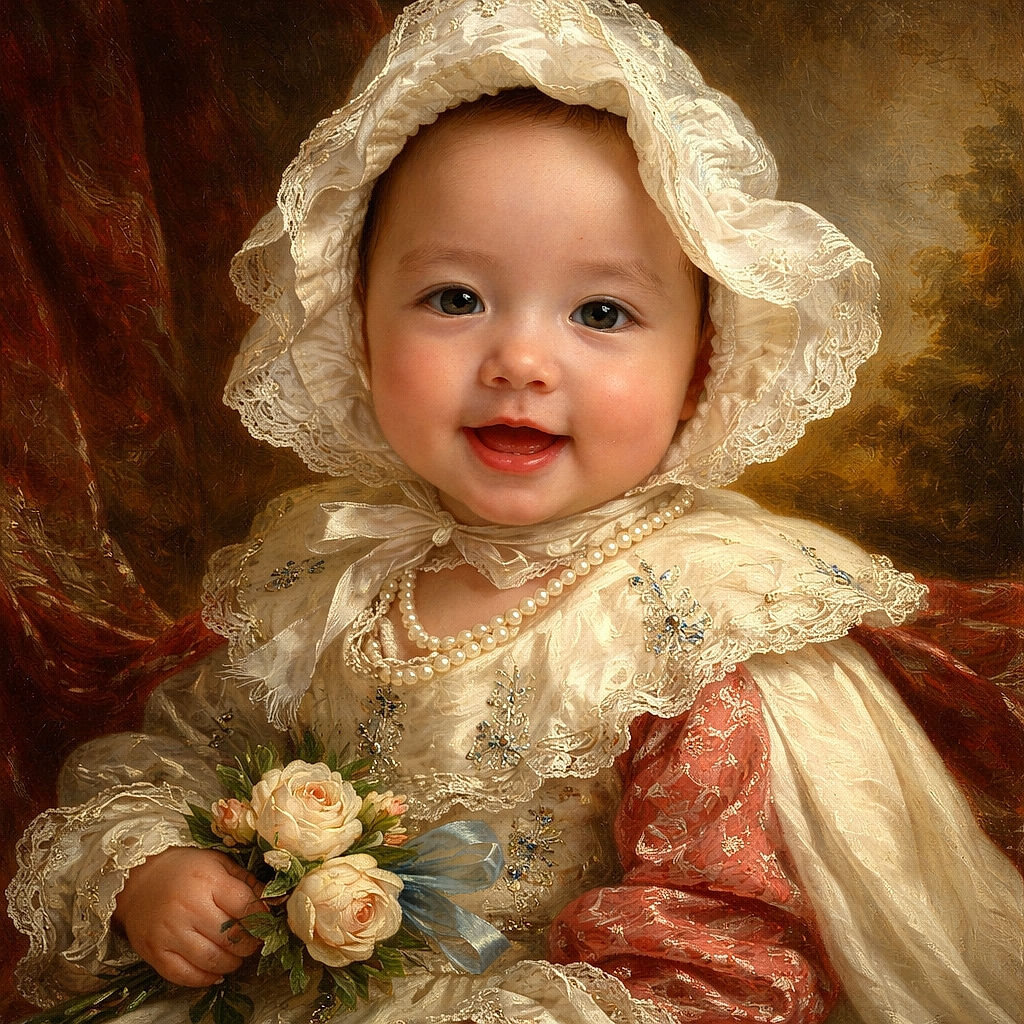 A delighted baby in a lacy sunbonnet is held up like royalty, mouth caught mid-giggle as cherry blossoms and a spotless blue sky stage the perfect springtime photoshoot.