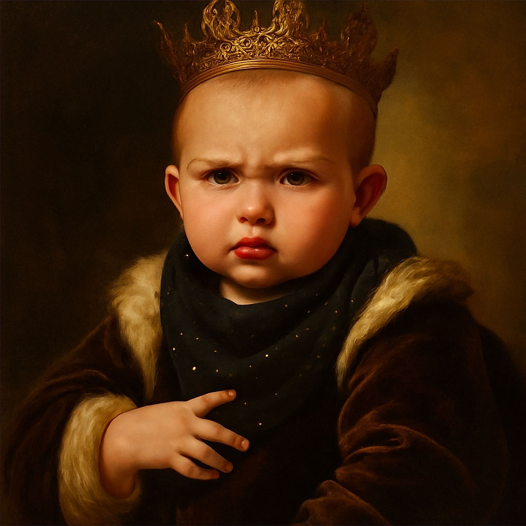 A serious-faced baby wearing a polka-dotted bib is sitting on someone's lap, making a curious hand gesture while the blurred adult behind adds a cozy touch to this candid outdoor moment.