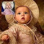 A curious baby wearing a large, floppy white sunhat and a pink shirt looks wide-eyed and slightly surprised, with a bit of drool on their chin. The baby is reaching out with one hand, and the background shows a muted outdoor setting with a hint of blue and gray tones.