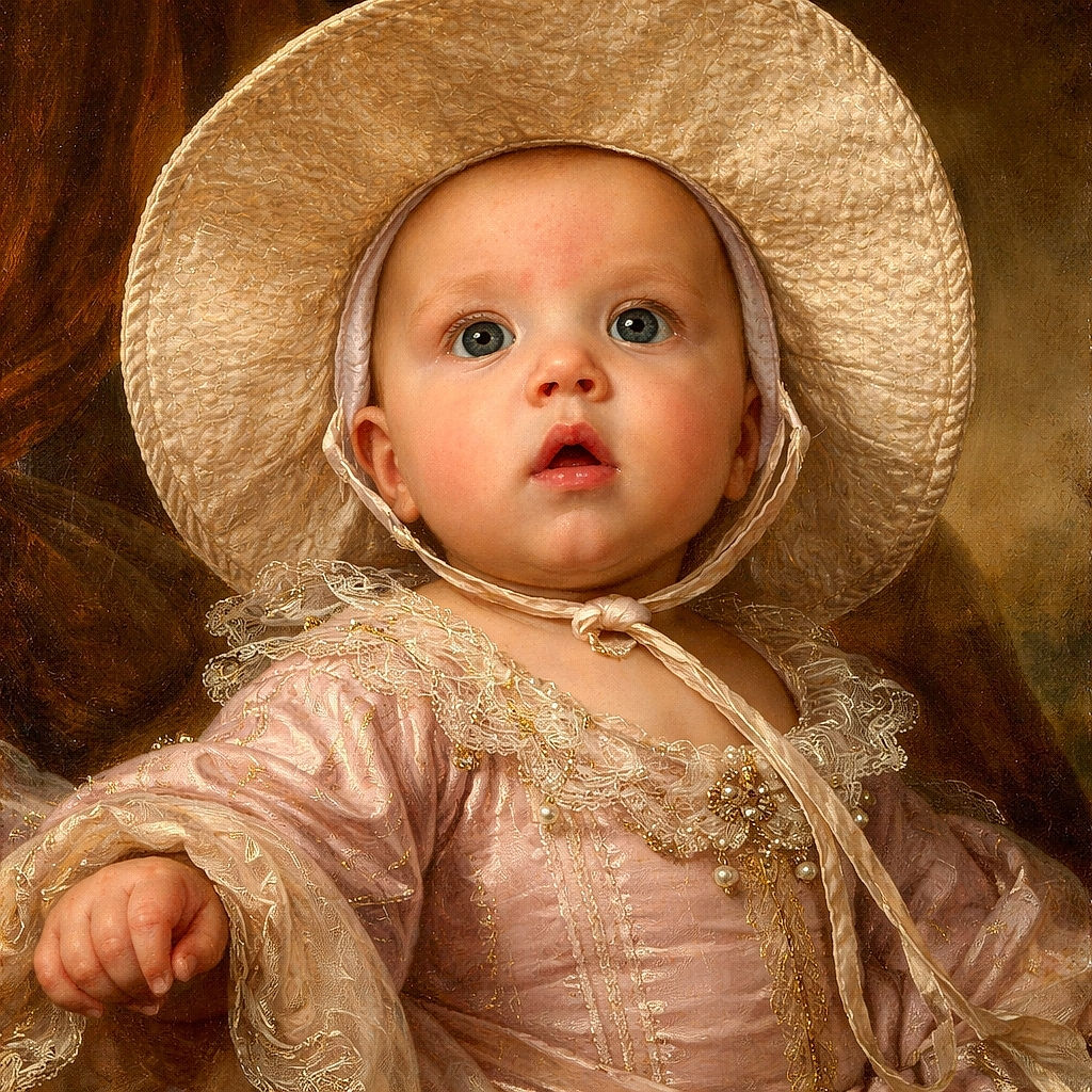 A curious baby wearing a large, floppy white sunhat and a pink shirt looks wide-eyed and slightly surprised, with a bit of drool on their chin. The baby is reaching out with one hand, and the background shows a muted outdoor setting with a hint of blue and gray tones.