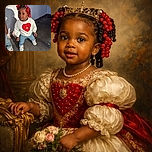 A cute toddler with bright red beads in her hair stands confidently on a concrete floor, wearing a white sweater with a red heart and Minnie Mouse design, paired with blue jeans and white sneakers. The sunlight casts a playful shadow on the white wall behind her, adding charm to this candid moment.