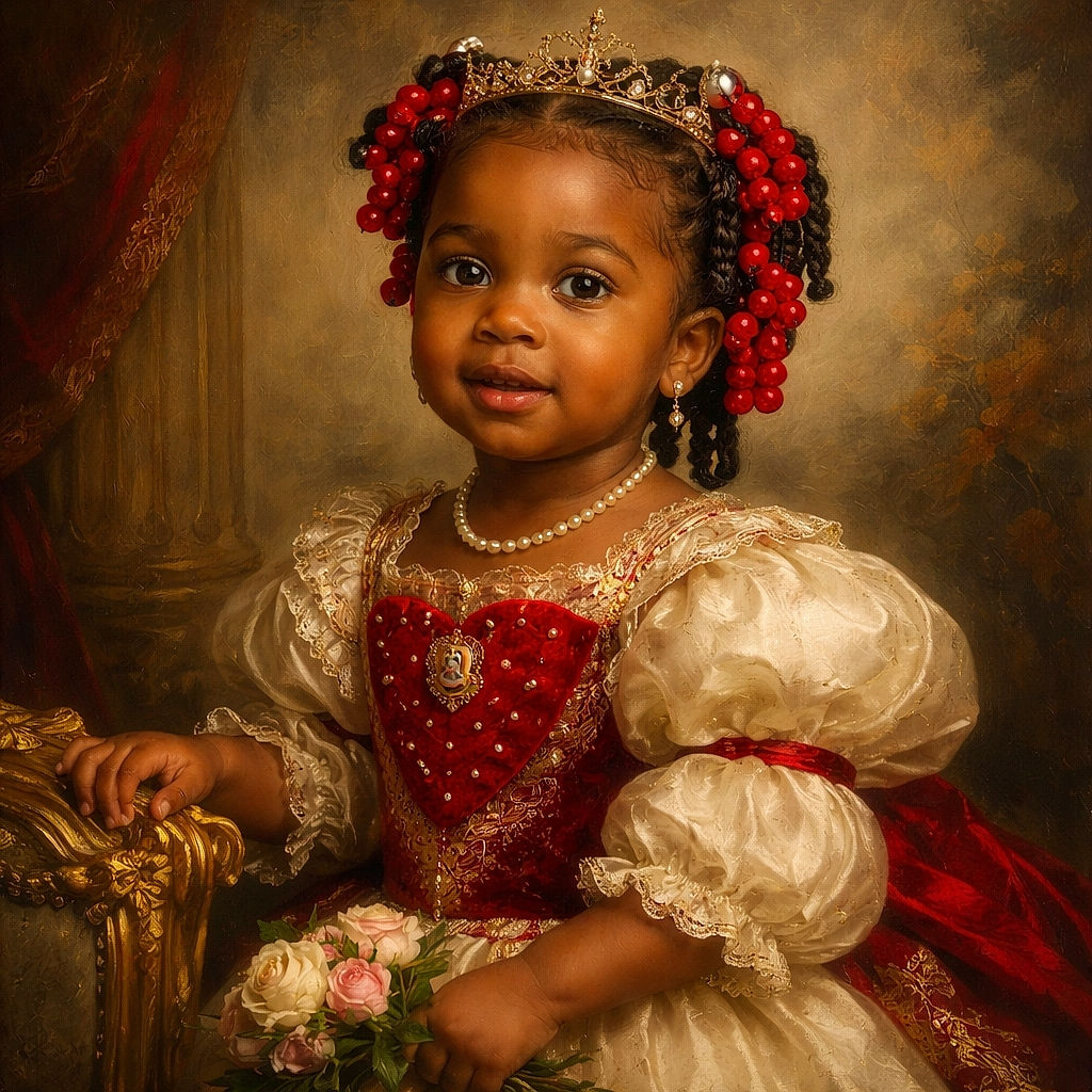 A cute toddler with bright red beads in her hair stands confidently on a concrete floor, wearing a white sweater with a red heart and Minnie Mouse design, paired with blue jeans and white sneakers. The sunlight casts a playful shadow on the white wall behind her, adding charm to this candid moment.