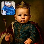 A chubby-cheeked baby with a tiny mohawk hairstyle lies on a textured orange blanket, wearing a navy blue shirt adorned with white nautical sketches. The baby's large, curious eyes gaze directly at the camera, while soft natural light highlights the smoothness of their skin and the intricate patterns on their shirt.