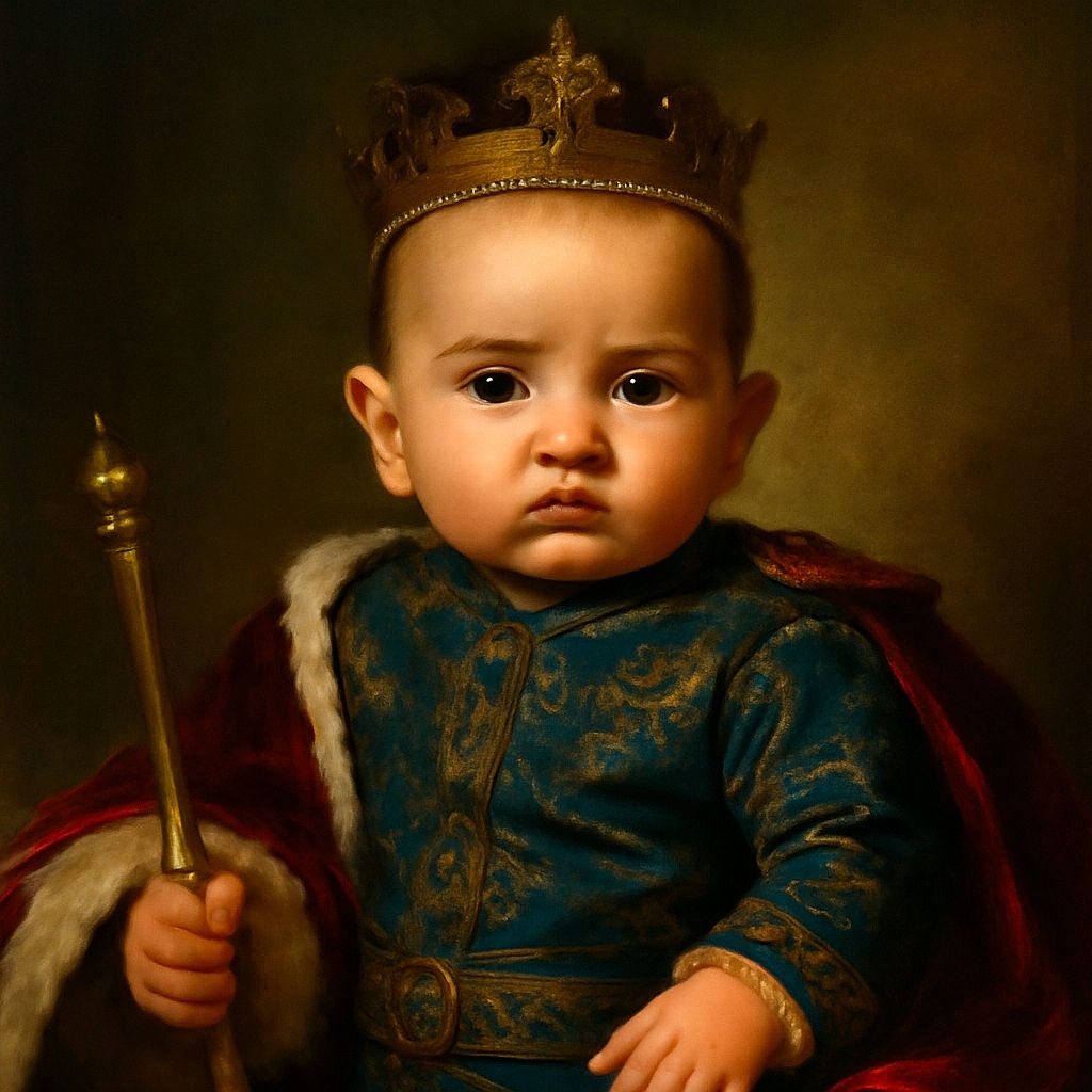 A chubby-cheeked baby with a tiny mohawk hairstyle lies on a textured orange blanket, wearing a navy blue shirt adorned with white nautical sketches. The baby's large, curious eyes gaze directly at the camera, while soft natural light highlights the smoothness of their skin and the intricate patterns on their shirt.