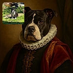 A serious-looking black and white dog sits attentively on a patch of grass under a blooming tree with pink flowers, with a stylish yellow chair and some outdoor items in the background, basking in the sunny garden vibes.