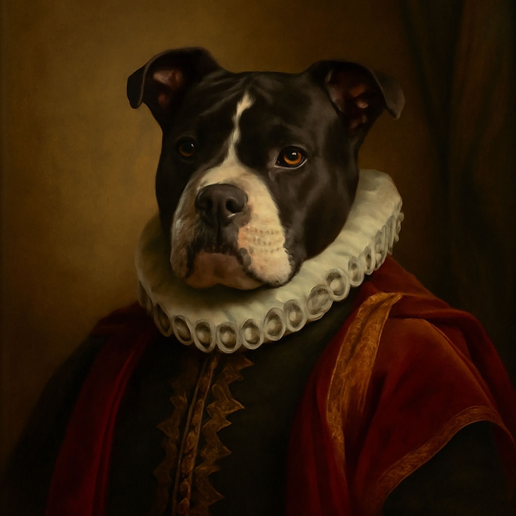 A serious-looking black and white dog sits attentively on a patch of grass under a blooming tree with pink flowers, with a stylish yellow chair and some outdoor items in the background, basking in the sunny garden vibes.