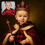 A cute toddler with bright eyes and a slight smile sports a cozy red and black plaid shirt, sitting comfortably in a woven basket with a backdrop featuring partial text about baby and beauty kids.