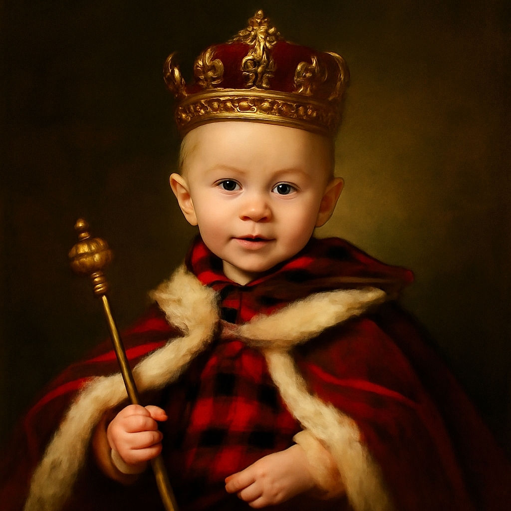 A cute toddler with bright eyes and a slight smile sports a cozy red and black plaid shirt, sitting comfortably in a woven basket with a backdrop featuring partial text about baby and beauty kids.