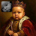 A close-up black and white photo of a curious baby with wide eyes and chubby cheeks, filling most of the frame with soft lighting and a cozy dark background.