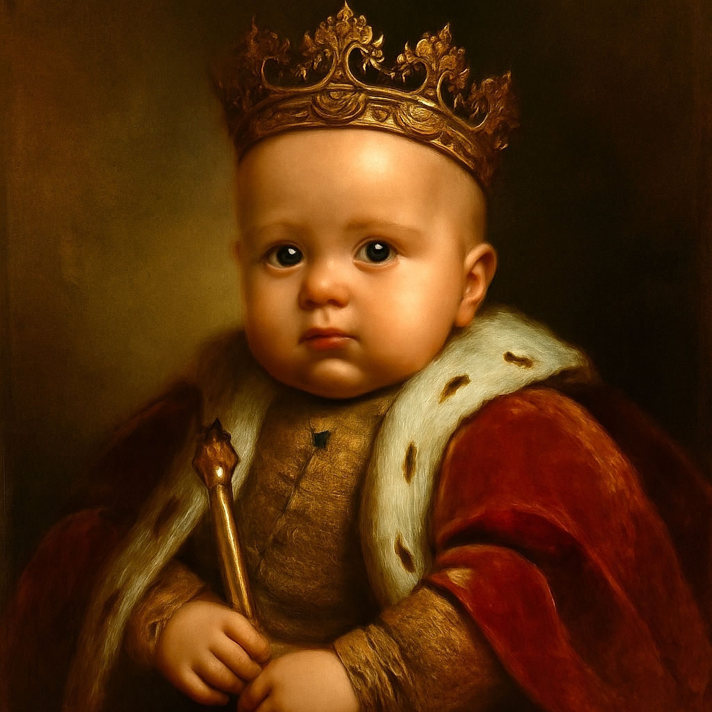 A close-up black and white photo of a curious baby with wide eyes and chubby cheeks, filling most of the frame with soft lighting and a cozy dark background.