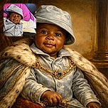 A charming baby dressed in a light grey outfit and matching bucket hat looks curiously into the camera while lounging on a cozy bed with vibrant purple and white pillows in the background.