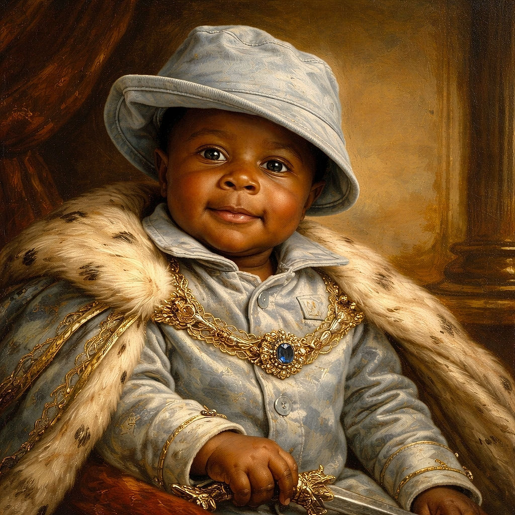 A charming baby dressed in a light grey outfit and matching bucket hat looks curiously into the camera while lounging on a cozy bed with vibrant purple and white pillows in the background.