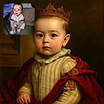 A wide-eyed baby sitting on a bed, wearing a cute baseball-style outfit and socks, looking curiously off-camera with a soft pillow and blanket background.